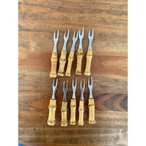 10 Vintage Bamboo Handle Stainless Steel Cocktail Appetizer Forks